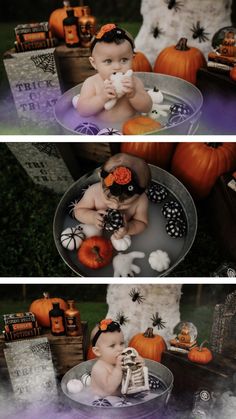 a baby in a tub surrounded by pumpkins and other halloween decorations is eating cake