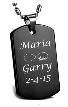 "Our engraved black dog tag necklace is a great personalized gift for the friend or sweetheart in your life. This custom dog tag can be engraved with names, dates or a message of love. If you would like a heart engraved between names or on any line you can simply type the word \"heart\" into the desired location. The stainless steel dog tag necklace is also a wonderful gift for your best friend. Both sides of the black dog tag pendant back be engraved. High Polished Black Pendant With Stainless Customized Black Stainless Steel Necklace, Personalized Black Stainless Steel Necklaces, Customizable Black Stainless Steel Necklaces, Personalized Black Name Jewelry, Personalized Black Jewelry With Name, Personalized Black Jewelry For Memorial, Personalized Black Rectangular Jewelry, Anniversary Black Stainless Steel Necklace, Personalized Black Engraved Jewelry