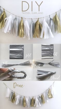 the instructions for how to make tissue garlands with metallic foil and tassel garland