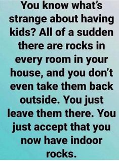 a poem that reads, you know what's strange about having kids? all of a sudden there are rocks in every room in your house and you don't even take