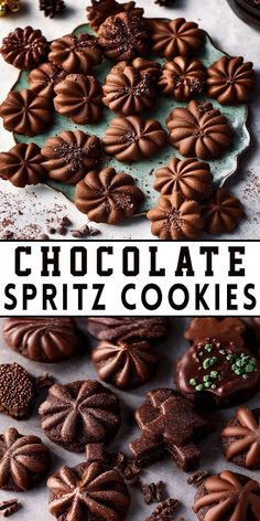 chocolate spritz cookies on a white plate with the words chocolate spritz cookies