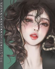 a digital painting of a woman with curly hair and large hoop earrings on her ear