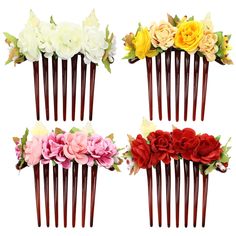 PRICES MAY VARY. 【SET OF 4 COLORS】--Flowers on the brown plastic hair side combs display 4 main colors including white, orange, pink and red. Different colors can easily match your different outfits. 【HIGH QUALITY MATERIAL】--Artificial flowers are handmade of high quality fabric which makes these flowers more pretty and realistic. High quality plastic hair side combs are sturdy which can be wore for a long time. Smooth plastic side combs don't hurt your hair. 【ONE SIZE】--You can see the size of Chignon Hair, Women Flower, Flower Hair Comb, Bridesmaid Accessories, Wedding Hair Pins, Flower Hair Pin, Headpiece Wedding, Elegant Flowers, Bridal Hair Comb