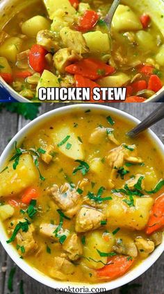 two bowls filled with chicken stew next to each other