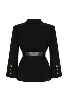 The elegant Armida Jacket features a belt, wide pockets, and three buttons on the sleeve, offering both a modern and functional design. The regular fit ensures a comfortable wear while its refined look completes your daily style. Ideal for both work and social events, it combines practicality with sophistication. Jacket: 62% Polyester, 33% Viscose, 5% Elastane/ Lining: 100% Polyester Dry clean only. Tailored Black Belted Blazer, Fitted Black Belted Blazer, Black Fitted Belted Blazer, Elegant Business Blazer With Belt, Elegant Blazer With Belt For Business, Elegant Belted Blazer For Workwear, Elegant Black Outerwear With Belted Cuffs, Belted Outerwear With Lapel Collar For Office, Tailored Long Sleeve Blazer With Belt