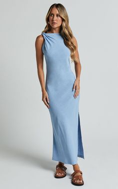 Jessenia Maxi Dress - Linen Look High Neck Dress in Blue | Showpo USA Spring High Neck Maxi Dress With Side Slits, Spring High-neck Dress With Side Slits, Spring High Neck Dress With Side Slits, Blue High-neck Midi Dress For Summer, Blue High Neck Maxi Dress For Summer, Blue High Neck Midi Dress For Summer, High Neck Blue Midi Dress For Summer, Elegant Blue High Neck Dress, Elegant High Neck Blue Dress