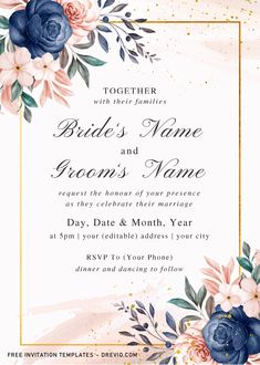 a wedding card with flowers and leaves on the front, in blue and pink tones