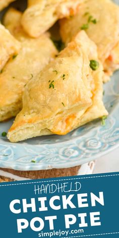 mini chicken pot pies on a blue plate with text overlay that reads, mini chicken pot pies