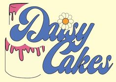 the words dairy cakes are painted in blue and pink on a white background with a flower