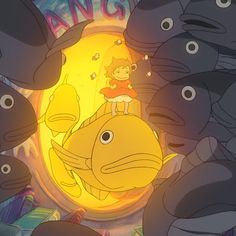 a cartoon character standing on top of a fish surrounded by many other characters in the background