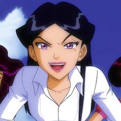 an animated image of a woman with purple eyes and black hair, standing in front of two other women