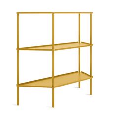 a yellow shelf with three shelves on each side, and one shelf below the shelf