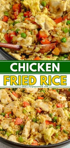 chicken fried rice with peas and carrots in a skillet