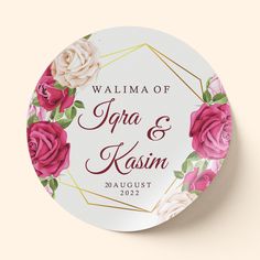 a white plate with pink and red roses on it that says, walima of tara & kasim