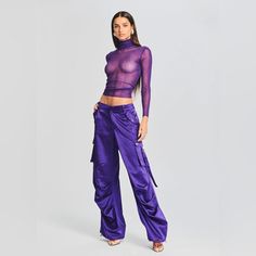 Nwt: Ser.O.Ya - Lai Satin Cargo Pant Sz: Xs - Violet Condition: New | Unopened Fitted Wide Leg Cargo Pants For Party, Fitted High Waist Parachute Pants For Night Out, Fitted Parachute Pants With Pockets For Night Out, Silver Jumpsuits, Crochet Jumpsuits, Halter Neck Jumpsuit, Jumpsuit And Blazer, Strapless Bustier, Sequin Jumpsuit