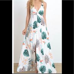 This Amazing Maxi Is Fully Lined Amazing Feeling! Never Worn. I Bought For A Vacation And Never Found The Right Moment To Put It On. It Is Brand New With Tags! No Flaws! White Tropical Print Dress For Holiday, White Floral Print Maxi Dress For Holiday, White Tropical Printed Dress, Tropical White Printed Dress, White Tropical Dress For Brunch, White Tropical Print Maxi Dress, Tropical Print Maxi Dress, Long Dresses Casual Maxi, Tropical Boho