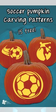 three pumpkins with the words soccer pumpkin carving patterns is free to print and color