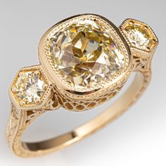 3 Carat Fancy Light Yellow Cushion Diamond Ring 14K Yellow Gold GIA Luxury Halo Yellow Gold Rings, Brod Diamond Ring, Luxury Ornate Yellow Gold Rings, Luxury Yellow Gold Octagon Ring, Luxury Gold Gemstones With Halo Setting, Estate Engagement Ring, Cushion Diamond Ring, Yellow Cushion, Fancy Light