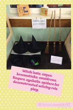 witches hats and brooms are on display