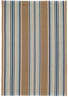 a brown and blue striped rug on a white background