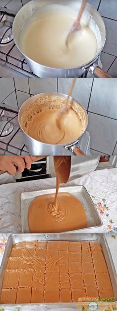 two pans filled with cake batter being poured into the same pan on top of each other