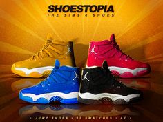 three different colored shoes are shown in front of an orange and yellow background with the words, shoestopia