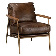 a brown leather chair sitting on top of a wooden frame