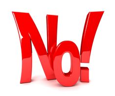 the word no is written in red letters on a white background with clippings