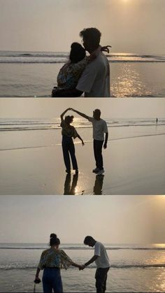 two people holding hands on the beach at sunset or sunrise, and one person standing in the water with their arms around each other