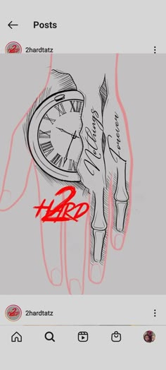 a drawing of a hand with a clock on it