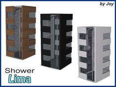 three different types of shelving units with the words shower lima