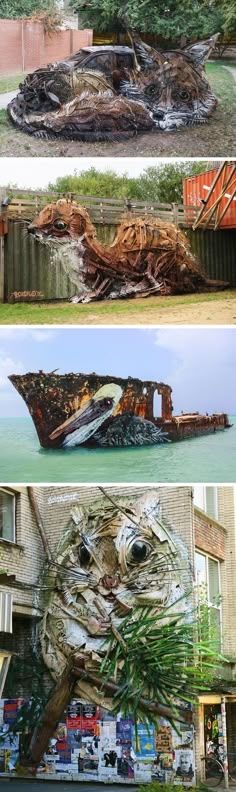 two pictures one showing a boat and the other shows an old ship that has been turned into a sculpture