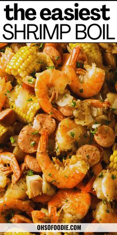 Text reads The Easiest Shrimp Boil Cajun Shrimp Boil Recipe, Easy Cajun Shrimp, Cajun Shrimp Boil, Shrimp Boil Recipe, Easy Cajun, Shrimp Boil, Cajun Shrimp, Seafood Dinner, A Wedding