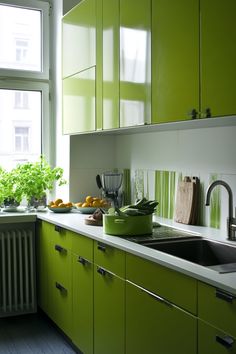 Modern kitchen with green cabinets, white countertops, and fresh herbs on the windowsill. Green Kitchen Cabinet Colors, Green Kitchen Cabinets Ideas, Green Shaker Cabinets, Green Kitchen Cabinet, Distressed Kitchen Cabinets, Green Cabinet, Frame Kitchen, Kitchen Cabinets Ideas, Distressed Kitchen