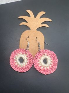 Cute pink summer crochet dangle earrings. Light weight and small. Pink Bohemian Beaded Earrings For Vacation, Round Summer Vacation Earrings, Round Beach Earrings For Summer, Summer Vacation Round Earrings, Round Summer Beach Earrings, Bohemian Pink Crochet Jewelry, Bohemian Pink Hoop Earrings Gift, Bohemian Pink Hoop Earrings As A Gift, Pink Beaded Earrings For Beach