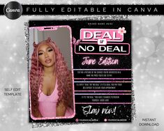 a flyer for an event featuring a woman with pink hair and long curly hair, wearing a