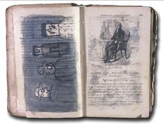 an open book with drawings on the pages and in it is a drawing of a man