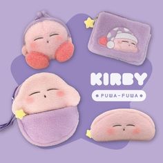 three small stuffed animals sitting next to each other on top of a purple background with the words, kitty pua - fuwa