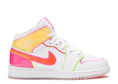 Air Jordan 1 Mid SE GS 'Edge Glow' - Air Jordan - CV4611 100 - white/hyper crimson/pink blast | Flight Club Jordan 1 Mid Edge Glow, Nike Shoes Air Force, Preppy Shoes, All Nike Shoes, Flight Club, Youth Shoes, Cute Nike Shoes, Air Jordan Sneakers, Fresh Shoes