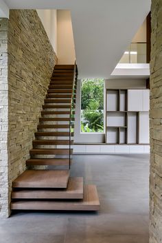 the stairs are made of wood and stone