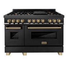 a black and gold stove top oven with two burners on the front, and three doors