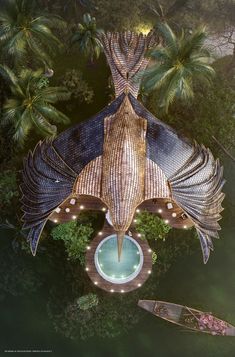 an artist's rendering of a bird - like structure in the water surrounded by palm trees