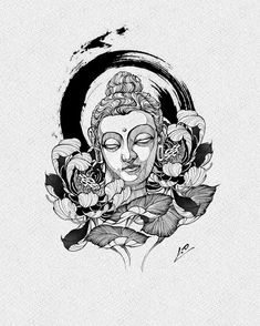 the buddha face with roses in her hair is drawn by ink on paper, and it looks