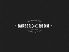 the barber shop logo is black and white with an old - fashioned font that reads barber room