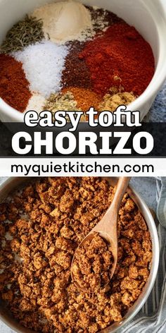 two pictures showing different types of spices in bowls and spoons with the words easy tofu chorizzo on them