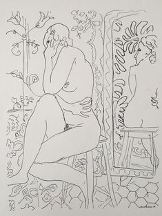 a black and white drawing of a woman sitting on a chair in front of a mirror