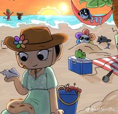 a cartoon character sitting on the beach