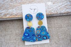 Unique Blue Earrings For Everyday, Unique Blue Everyday Earrings, Handmade Blue Geometric Jewelry, Modern Blue Geometric Jewelry, Modern Geometric Blue Jewelry, Handmade Blue Geometric Earrings, Modern Blue Geometric Earrings, Artsy Blue Polymer Clay Earrings, Clay Accessories