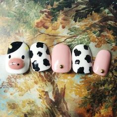 Farm Animal Nails, Cow Nails, Hello Nails, Cute Nail Art Designs, Nail Art Designs Videos, Soft Nails, Kawaii Nails