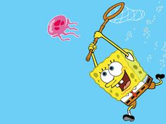 the spongebob character is catching a jellyfish